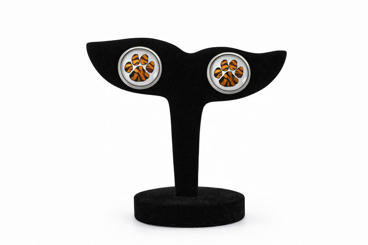Stainless Steel Orange and Black Paw Print Glass Stud Earrings 12mm (Soft Paw)