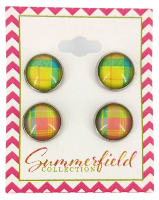 Stainless Steel Duo Stud Earrings Plaid Print Glass 12mm Set (Pastel)