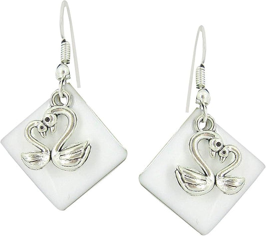 Summerfield Collection Silver-tone White Enamel Swan Charm Dangle Earrings