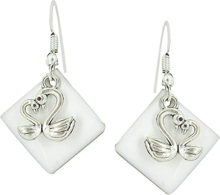 Summerfield Collection Silver-tone White Enamel Swan Charm Dangle Earrings