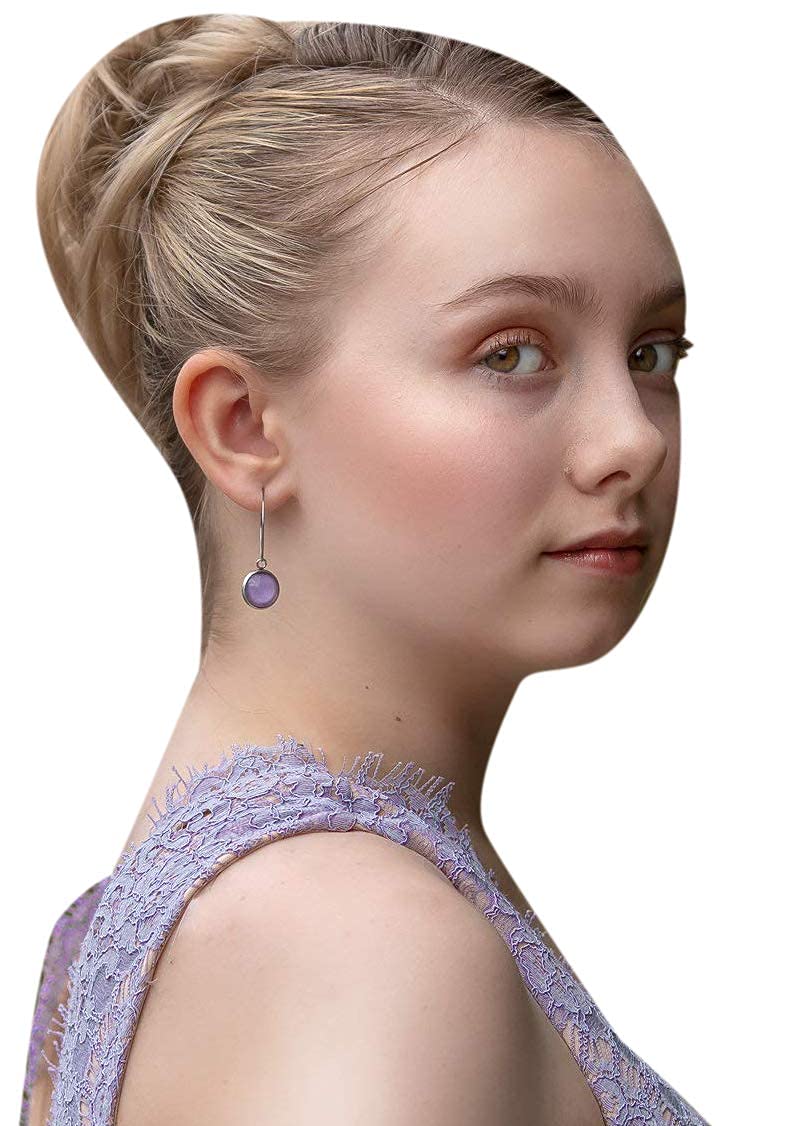 Stainless Steel Lavender Purple Glass Charm Hoop Earrings Hand-painted 1"