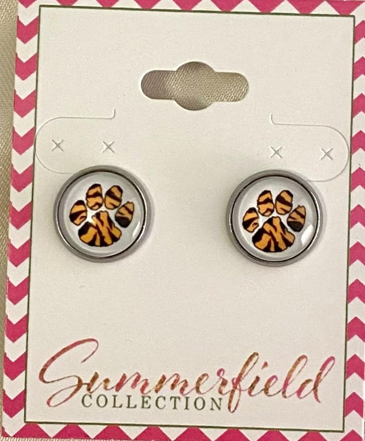 Stainless Steel Orange and Black Paw Print Glass Stud Earrings 12mm (Soft Paw)