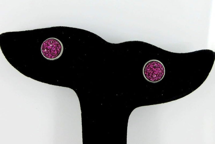 Summerfield Collection Stainless Steel Glitter Faux Druzy Stone Stud Earrings 8mm (Magenta)
