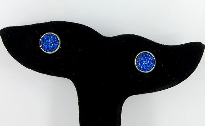 Stainless Steel Glitter Faux Druzy Stone Stud Earrings 8mm (Royal Blue)