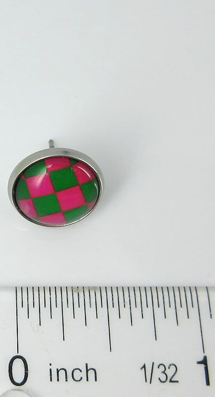 Summerfield Collection Stainless Steel Checkerboard Print Glass Stud Earrings 12mm (Pink and Green)