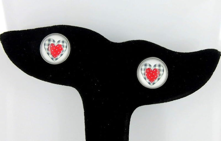 Summerfield Collection Stainless Steel Buffalo Plaid Print Glass Stud Earrings 12mm (White/Black/Red Heart)