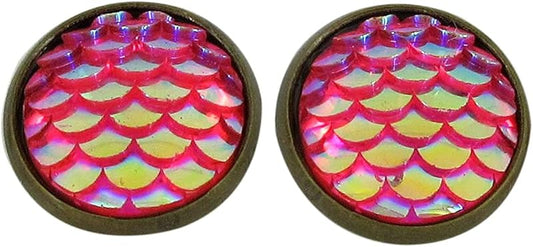 Summerfield Collection Antiqued Gold-tone Metallic Mermaid Scale Stud Earrings 12mm (Hot Pink AB)
