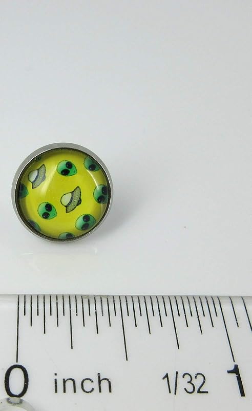Summerfield Collection Stainless Steel Yellow and Neon Green Alien UFO Print Glass Stud Earrings 12mm