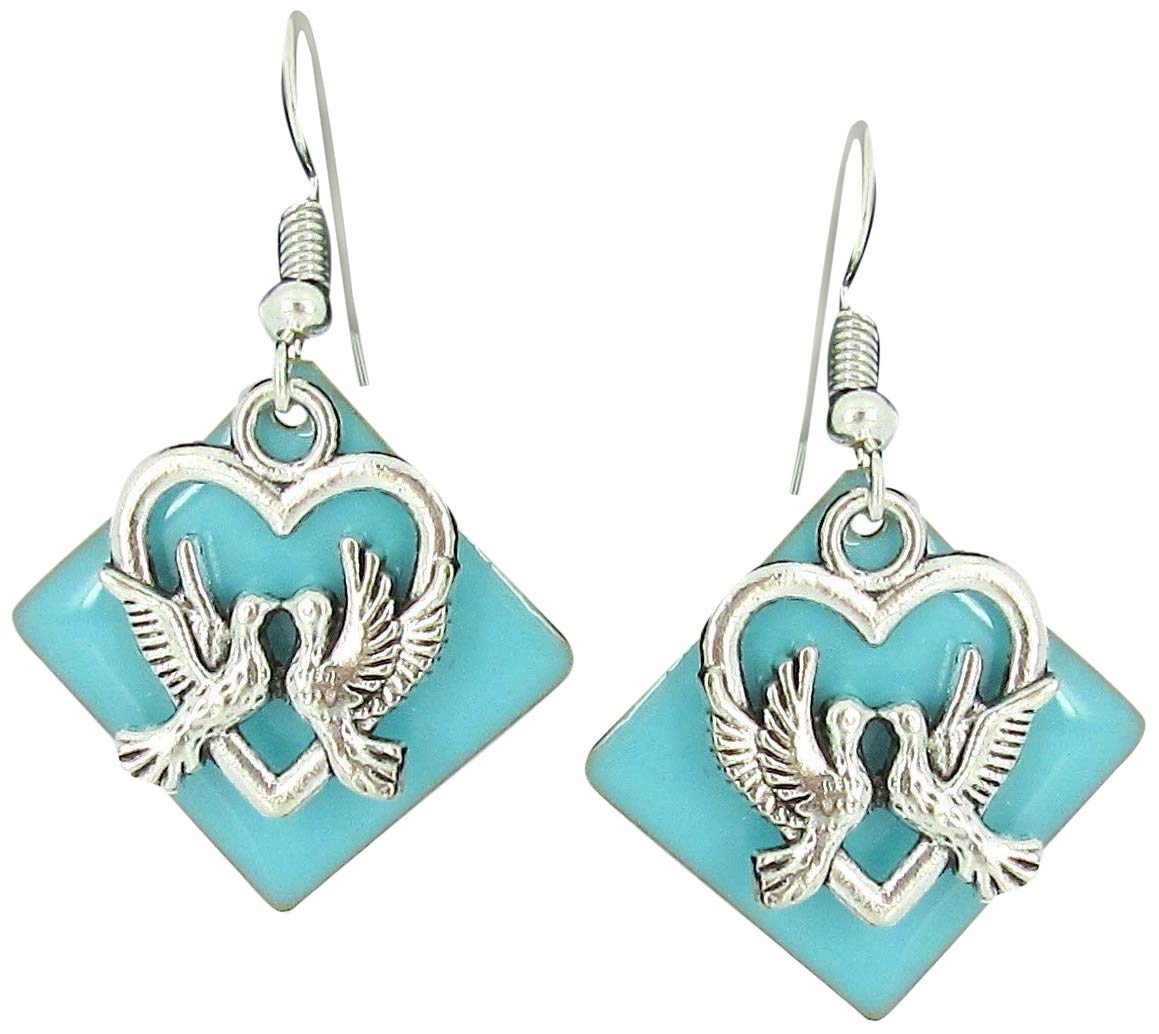 Silver-tone Robin Egg Blue Enamel Love Bird Charm Dangle Earrings