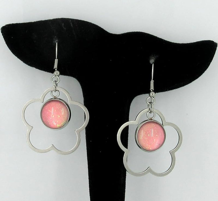 Summerfield Collection Stainless Steel Pink and Iridescent Glitter Flake Glass Flower Charm Dangle Earrings Handpainted