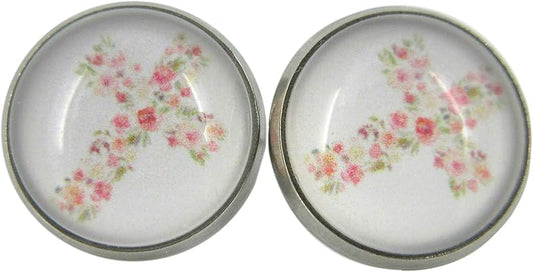 Summerfield Collection Stainless Steel White and Pink Flower Cross Print Glass Stud Earrings 12mm