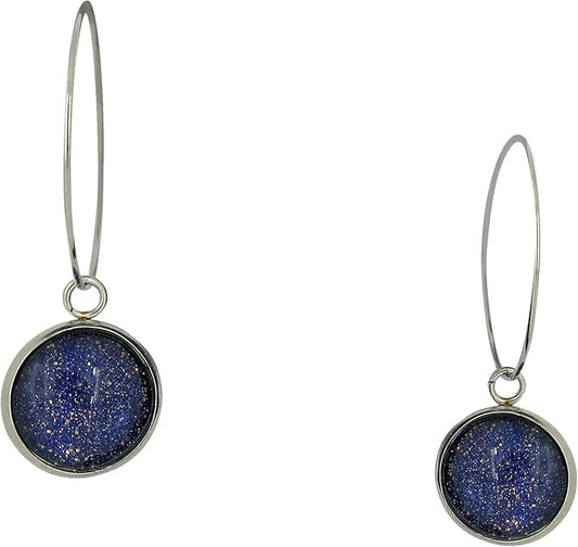 Summerfield Collection Stainless Steel Dark Purple and Gold Glitter Glass Charm Hoop Earrings Hand-painted 1"