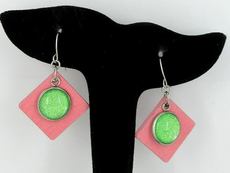 Summerfield Collection Stainless Steel Lime Green AB Glitter Glass Charm Pink Wood Square Dangle Earrings