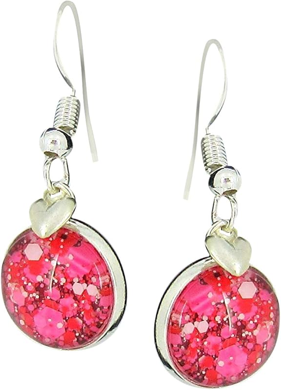 Summerfield Collection Silver-tone Pink Red White Glitter Glass Heart Charm Dangle Earrings Hand-painted