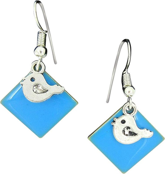 Summerfield Collection Silver-tone Sky Blue Enamel Bird Charm Dangle Earrings