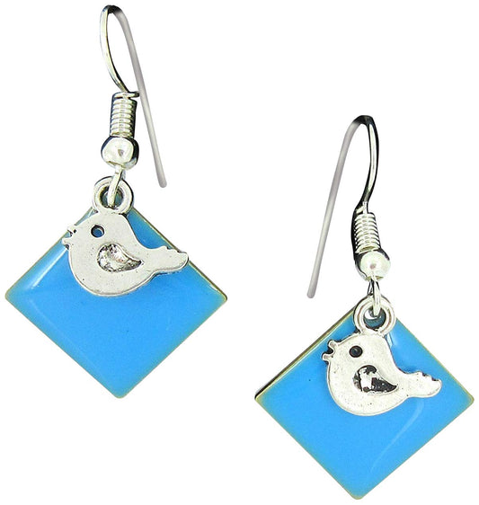 Silver-tone Sky Blue Enamel Bird Charm Dangle Earrings