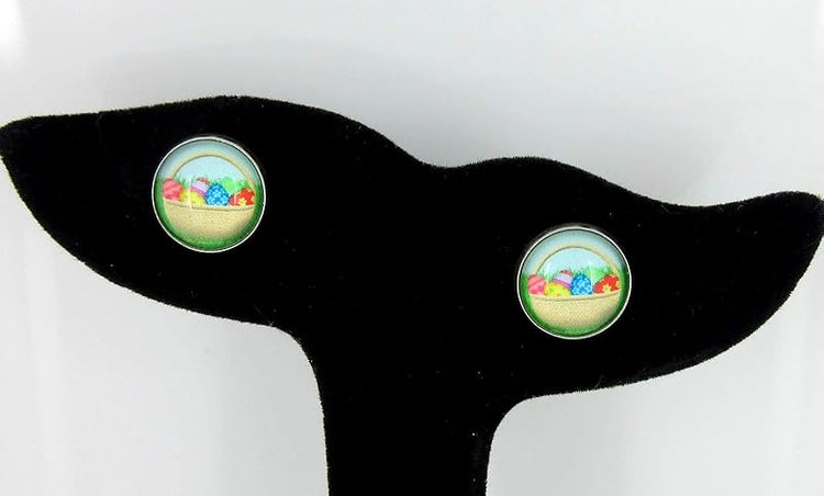 Summerfield Collection Stainless Steel Easter Egg Basket Print Glass Stud Earrings 12mm
