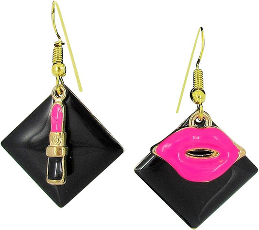 Summerfield Collection Gold-tone Enamel Lipstick and Lip Charm Dangle Earrings (Black/Hot Pink)