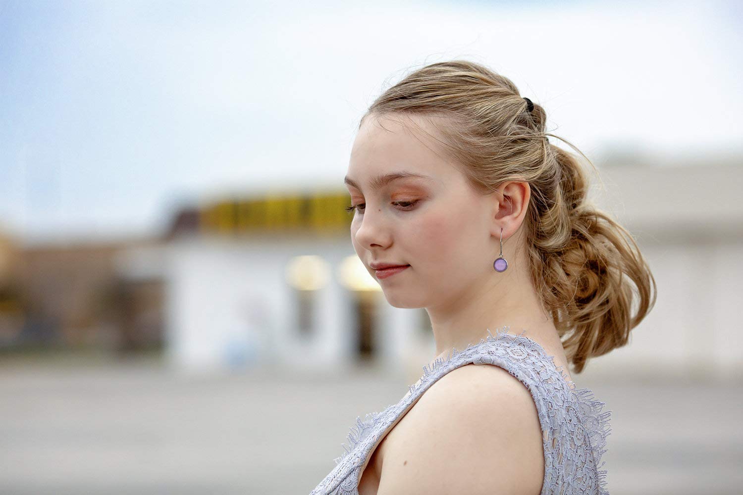 Stainless Steel Lavender Purple Glass Charm Hoop Earrings Hand-painted 1"