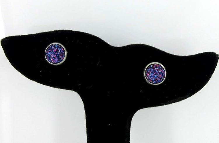 Summerfield Collection Stainless Steel Glitter Faux Druzy Stone Stud Earrings 8mm (Galaxy Blue Purple)
