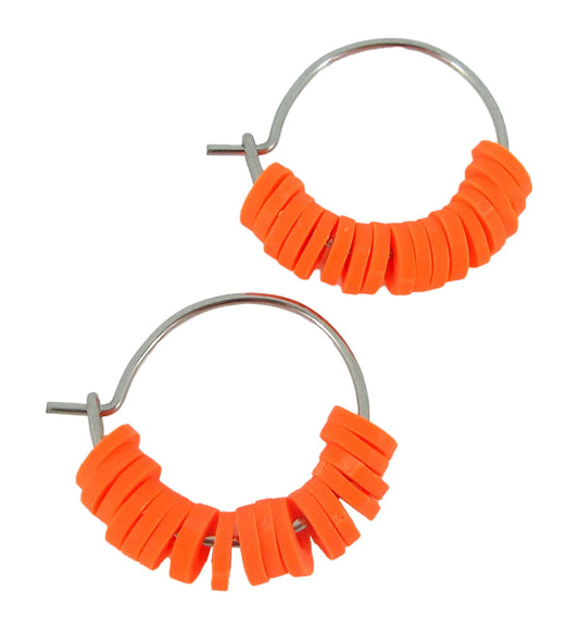 15mm Stainless Steel Polymer Clay Katsuki Bead Hoop Earrings (Neon Orange)