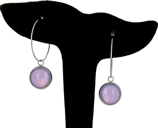 Summerfield Collection Stainless Steel Lavender Purple Glass Charm Hoop Earrings Hand-painted 1"