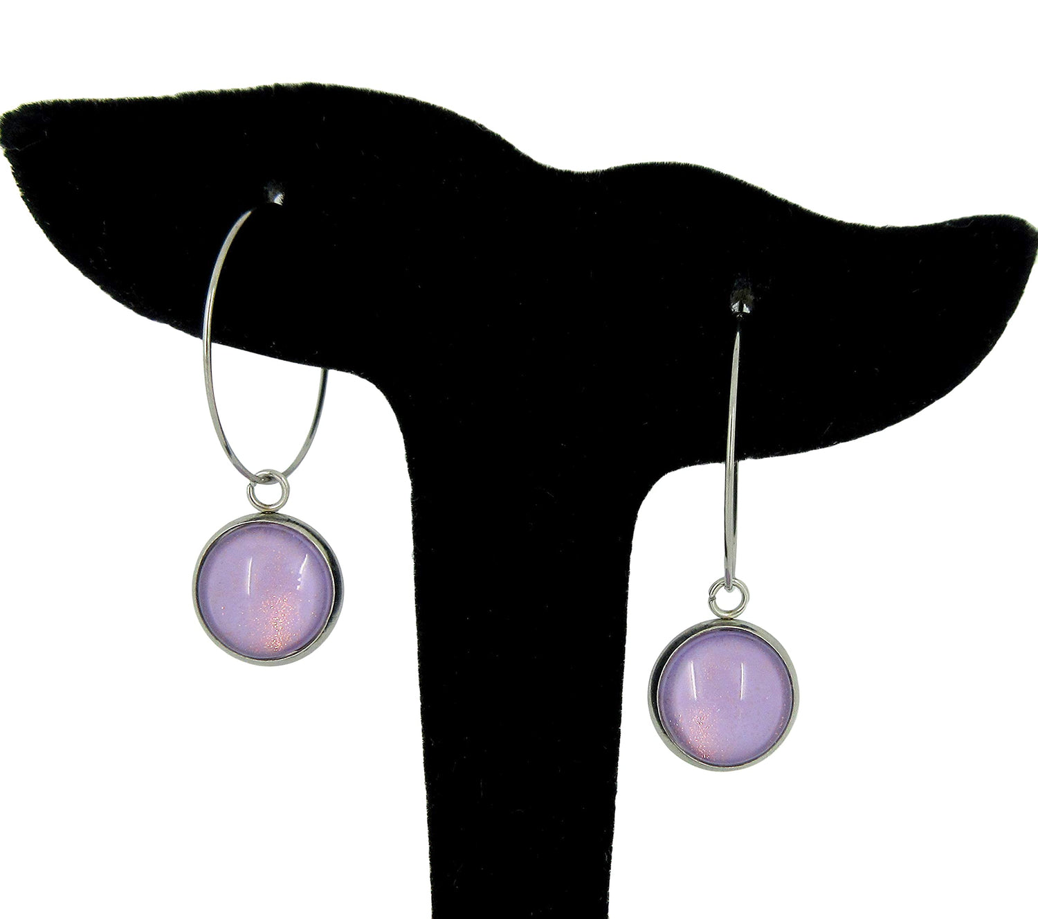 Stainless Steel Lavender Purple Glass Charm Hoop Earrings Hand-painted 1"
