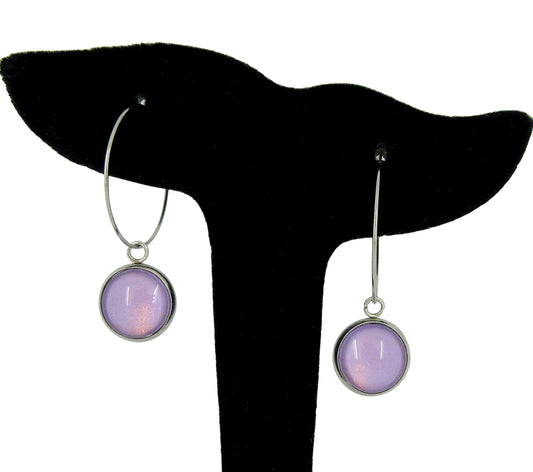Stainless Steel Lavender Purple Glass Charm Hoop Earrings Hand-painted 1"
