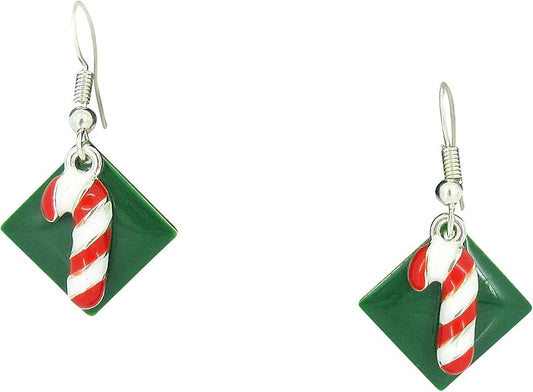 Summerfield Collection Silver-tone Green Enamel Candy Cane Charm Dangle Earrings