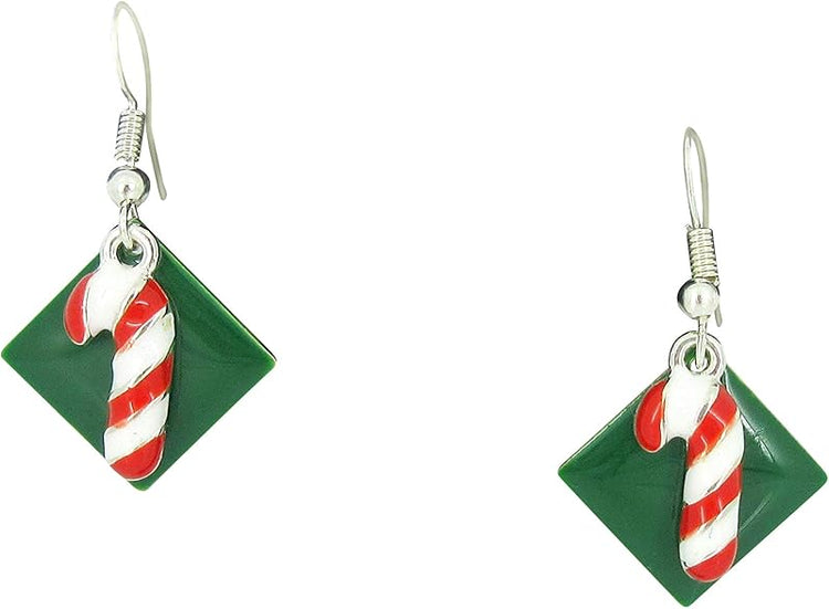 Summerfield Collection Silver-tone Green Enamel Candy Cane Charm Dangle Earrings