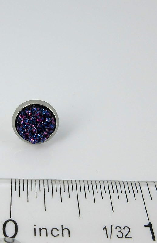 Summerfield Collection Stainless Steel Glitter Faux Druzy Stone Stud Earrings 8mm (Galaxy Blue Purple)