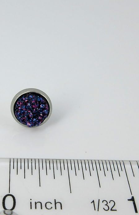 Stainless Steel Glitter Faux Druzy Stone Stud Earrings 8mm (Galaxy Blue Purple)