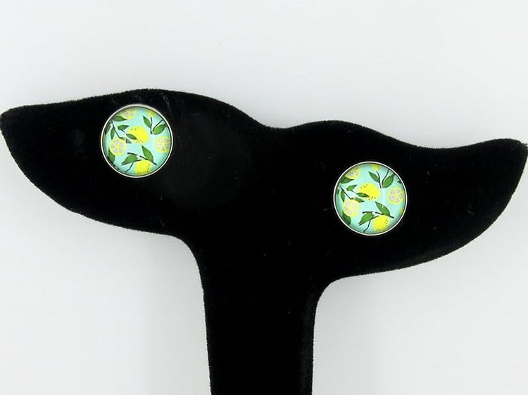 Summerfield Collection Stainless Steel Lemon Fruit Print Glass Stud Earrings 12mm Green and Yellow