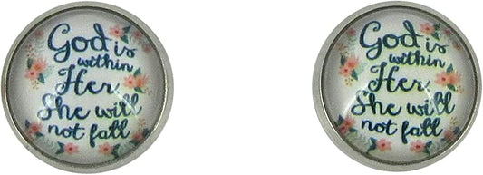 Summerfield Collection Stainless Steel God is WIthin Her She WIll Not Fall Print Glass Stud Earrings 12mm
