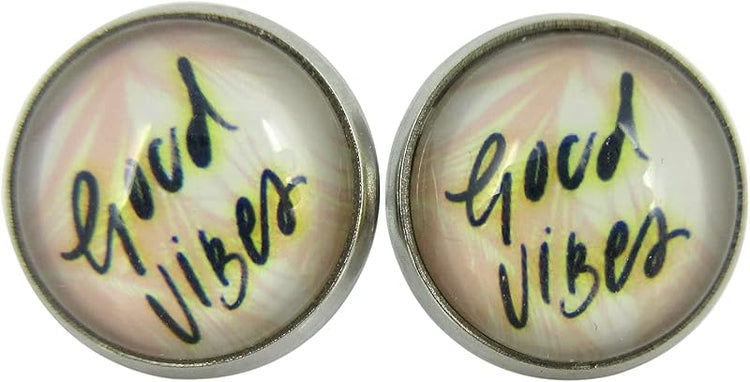 Summerfield Collection Stainless Steel Good Vibes Print Glass Stud Earrings 12mm (Peachy Pink)