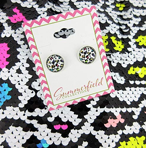 Silver-tone White and Rainbow Cheetah Animal Print Glass Stud Earrings 12mm