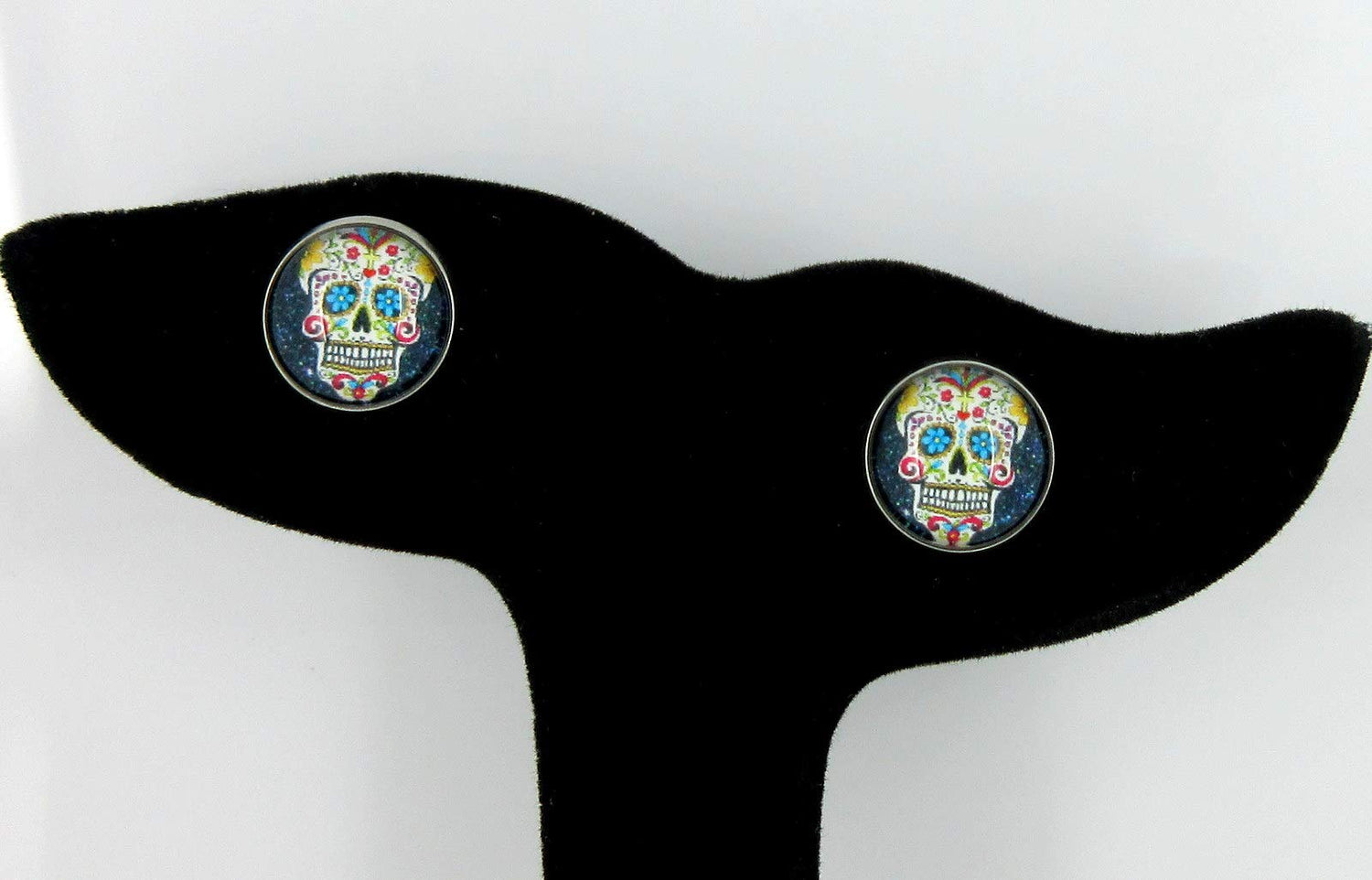 Stainless Steel Black Sugar Skull Printed Glass Stud Earrings 12mm