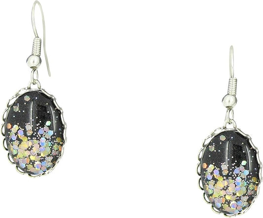 Summerfield Collection Silver-tone Black and Glitter Glass Oval Dangle Earrings