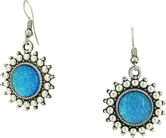 Summerfield Collection Antiqued Silver-tone Blue Green Glitter Glass Dangle Earrings Hand-painted