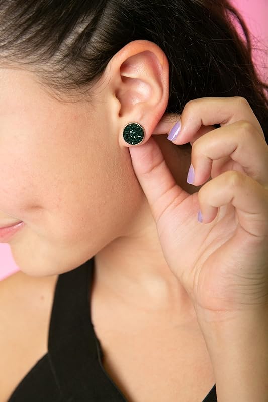 Summerfield Collection Stainless Steel Matte Faux Druzy Stone Stud Earrings 12mm (Dark Green)
