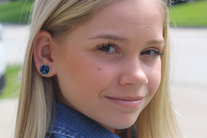 Silver-tone Metallic Faux Druzy Stone Stud Earrings 12mm (Blue)