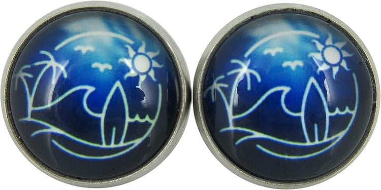 Summerfield Collection Stainless Steel Blue Surf Scene Ocean Waves Palm Trees Sun Print Glass Stud Earrings 12mm