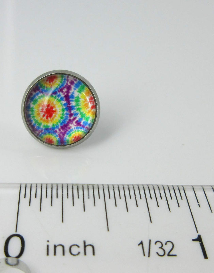 Stainless Steel Tie Dye Print Glass Stud Earrings 12mm (Rainbow)