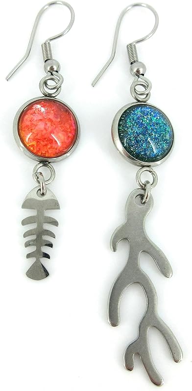 Summerfield Collection Stainless Steel Mismatch Glitter Glass Fish and Coral Charm Dangle Earrings Handpainted Ocean Theme