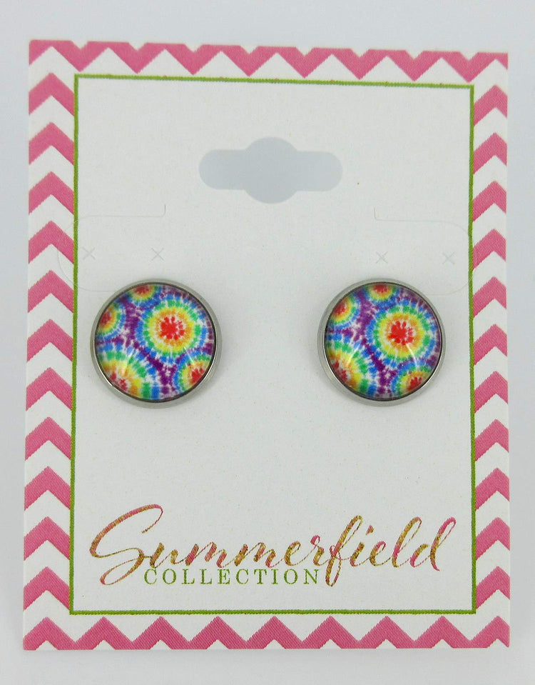 Stainless Steel Tie Dye Print Glass Stud Earrings 12mm (Rainbow)