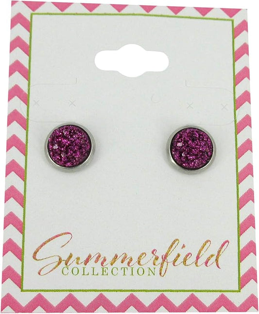 Summerfield Collection Stainless Steel Glitter Faux Druzy Stone Stud Earrings 8mm (Magenta)