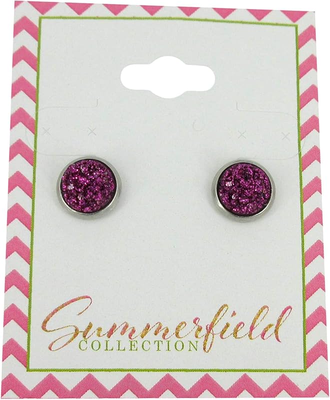 Summerfield Collection Stainless Steel Glitter Faux Druzy Stone Stud Earrings 8mm (Magenta)