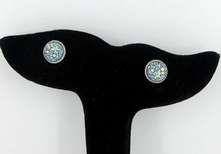 Summerfield Collection Stainless Steel Glitter Faux Druzy Stone Stud Earrings 8mm (Frost Blue)
