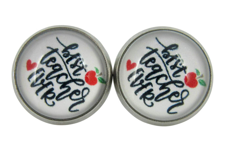 Stainless Steel Teacher Print Glass Stud Earrings 12mm (Best Teacher Ever/Apple)