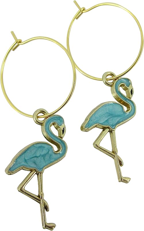 Summerfield Collection Gold Stainless Steel Teal Green Blue Flamingo Charm Hoop Earrings